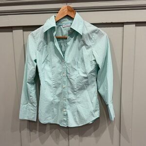 New York & Company Mint Blue Striped Stretchy Button Down Shirt - Women's XS